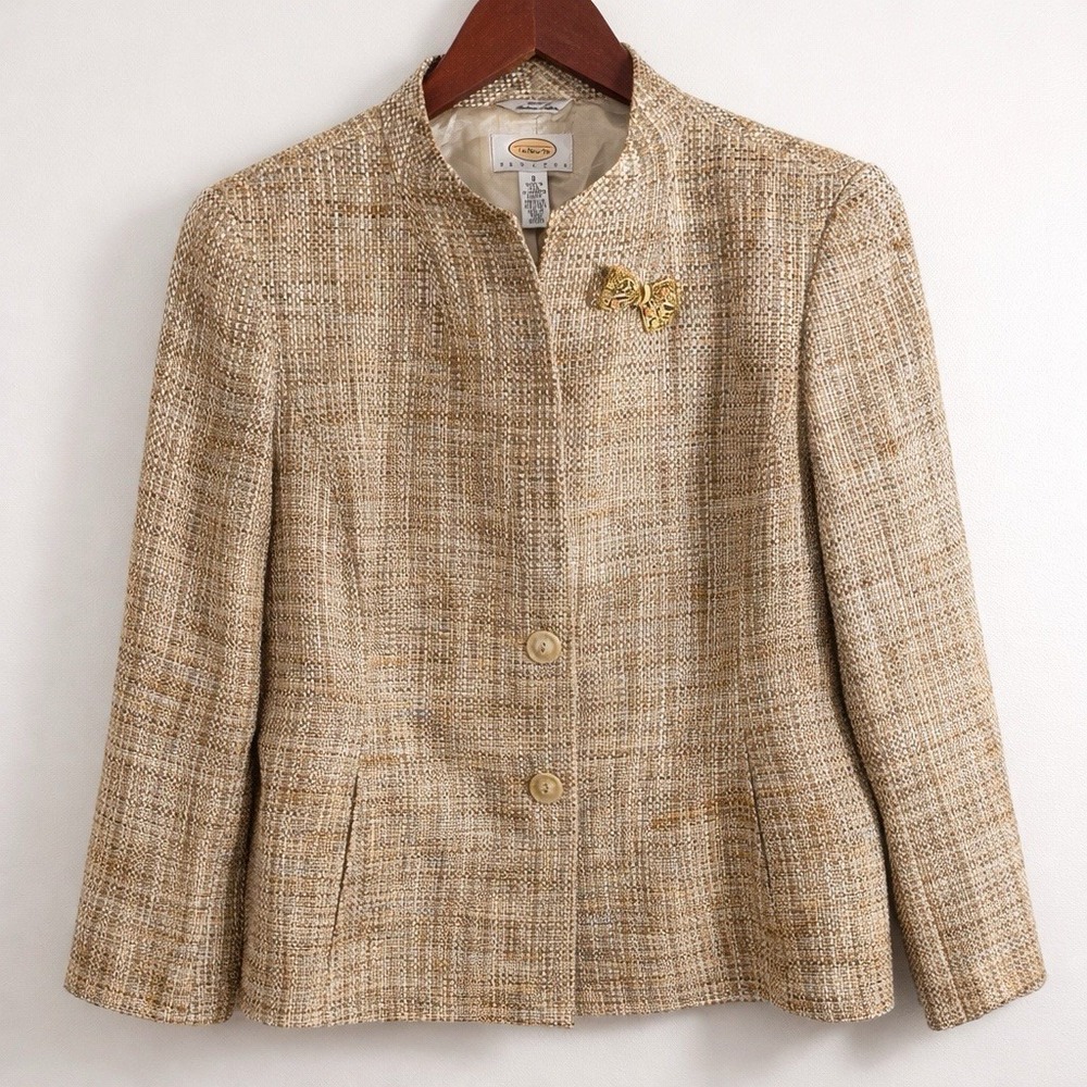 Vintage Talbots Petites 8P Tan Tweed Jacket Made in USA Italian Fabric Brooch - Picture 2 of 8